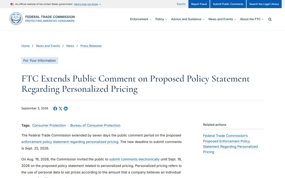 FTC press release page announcing an extension of the comment period on the proposed personalized pricing policy statement.